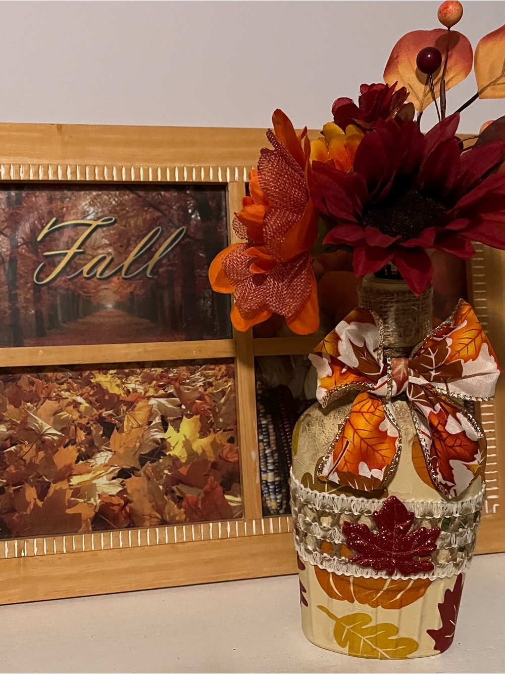 Autumn Leaf Decorative Vase with Orange & Red Floral Accent